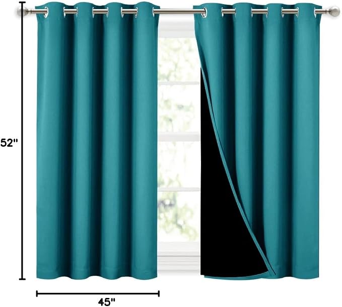 NICETOWN Peacock Teal 100% Blackout Curtains 45 inches Long, 2 Thick Layers Completely Blackout Window Treatment Thermal Insulated Lined Drapes for Small Window (1 Pair, 52 inches Width Each Panel)