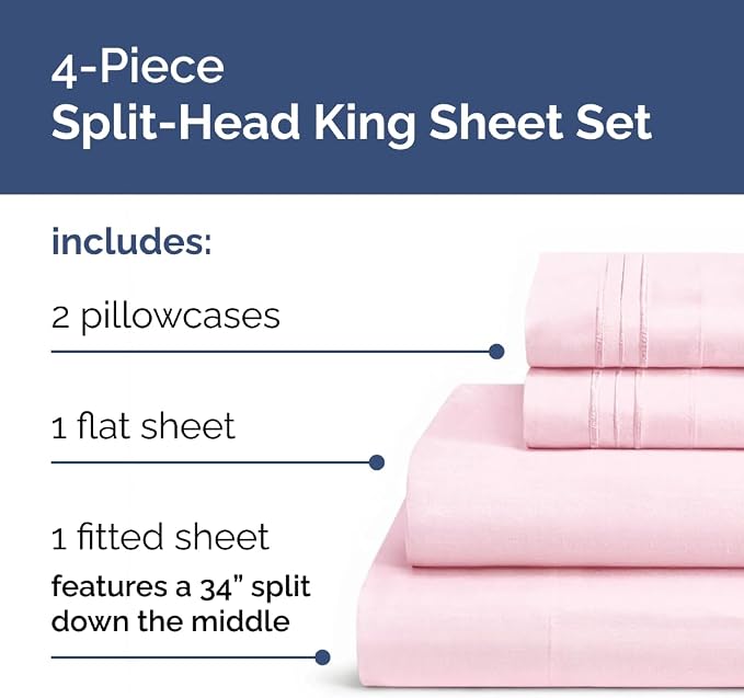 Flex Top Split Head King 4 Piece Sheet Set - Soft & Breathable - Light Pink | Cooling Bed Sheets Set, Hotel Luxury Bedding for Women & Men with Deep Pockets, Wrinkle Free & Fade Resistant, Oeko-Tex