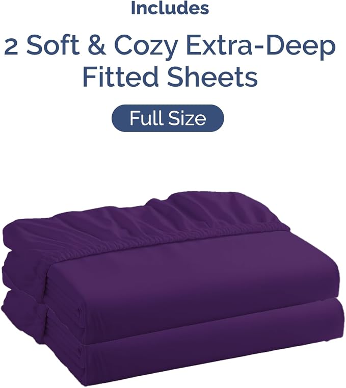 2 Pack Extra Deep Full Fitted Sheets with Extra Deep Pockets - Purple | Hotel Luxury Bottom Fitted Sheets Only, Soft, Fade & Wrinkle Free, Breathable & Comfy, All Around Elastic Fitted Sheets