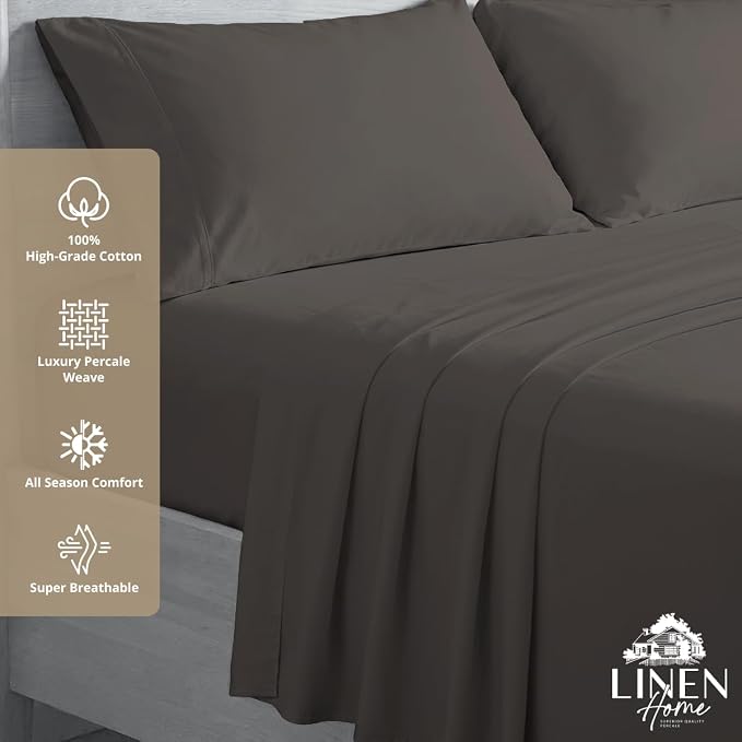 Linen Home 2-Pack Queen Sheet Set, 100% Cotton Percale Bedding, 8-Piece Value Bundle, Deep Pocket Cooling Bedsheets for Hot Sleepers, Breathable & Crisp Hotel Quality Long-Staple Cotton Smoky Charcoal