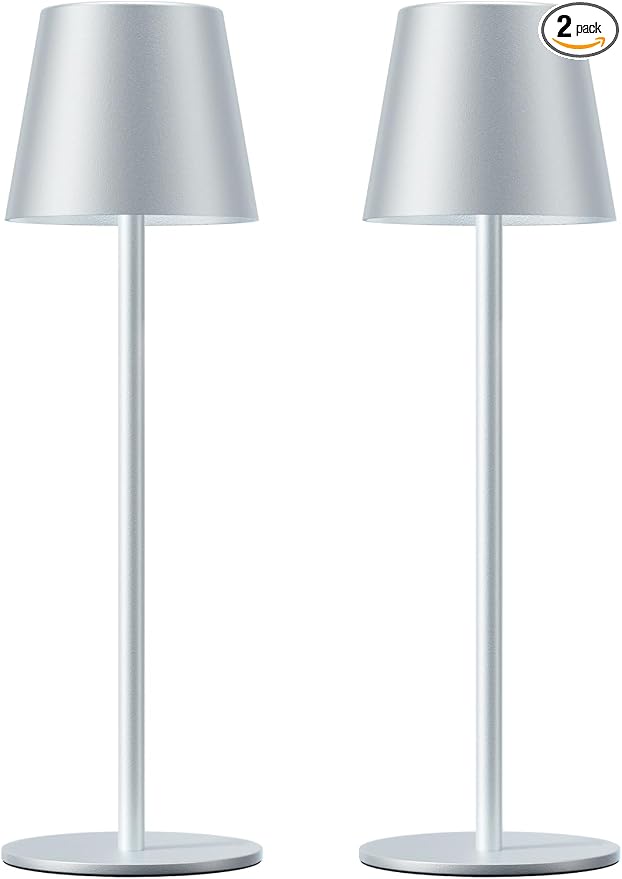 Kakanuo Silver Grey Cordless Lamp Rechargeable - 2 Pack 5000mAH Battery Operated Table Lamp for Counter, 3 Color Stepless Dimming Wireless Lamp for Dining Kitchen, Outdoor Patio, Touch Control