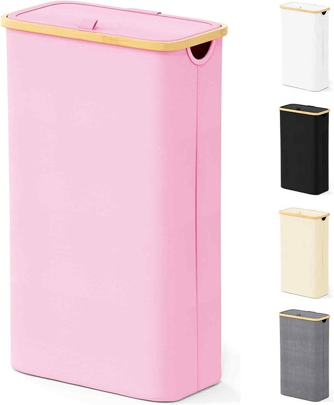 SpaceAid Slim Laundry Hamper with Lid, 65L Narrow Clothes Basket Bin with Bamboo Handles, Skinny Tall Collapsible Hamper for Bedroom, Bathroom, Dorm, Laundry Room - Pink