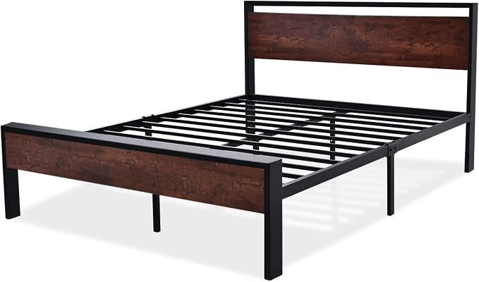 SHA CERLIN 14 Inch Full Size Metal Platform Bed Frame with Wooden Headboard and Footboard, Mattress Foundation, No Box Spring Needed, Large Under Bed Storage, Non-Slip Without Noise, Mahogany