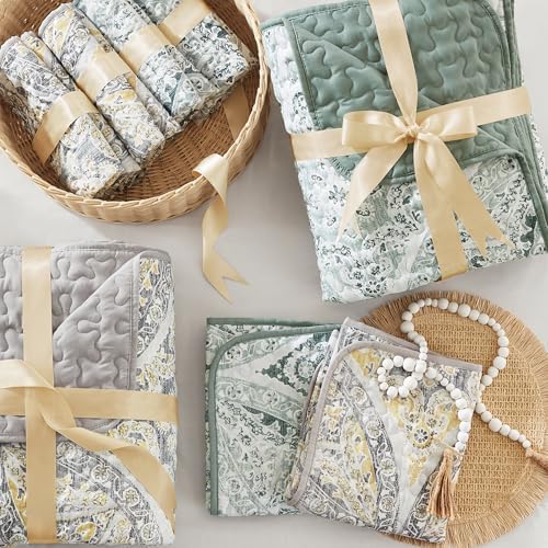 Comfort Spaces Gloria Boho Full Queen Quilt Set 3 Piece for Summer Green | Reversible Coverlet Bedspread, Soft All Season, Medallion Pattern, Winter Layer with Shams Modern Lightweight, Cozy Comfort