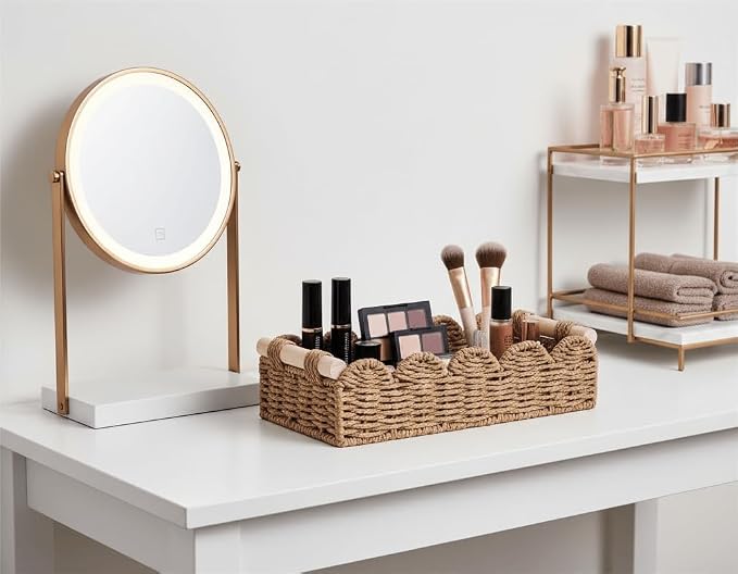 CubesLand Toilet Paper Storage Basket Organizer, Small Wicker Decor Basket | Toilet Tank Top Decorative Basket for Countertop, Handwoven Scalloped Basket W/Handle for Home Decor Living Room, Neutral
