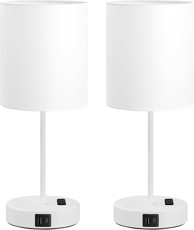 17.6" White Touch Lamps for Bedroom Set of 2 - Dimmable, USB C+A, AC Outlet | Large 17.6" Tall Lamp, 3-Way Dimming, 5000K Daylight Bulbs, White Lampshade White Base, for Living Room, Boys, Men, Girls