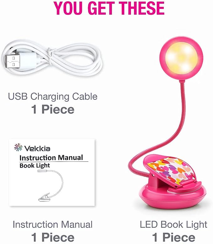 Vekkia Cute Rechargeable Book Light Eye-Care Clip on Lights (Rose Red) | for Reading in Bed/3 Colors & 3 Brightness/1.8oz Lightweight/Up to 40 Hours Useage/Great Gifts for Kids & Readers