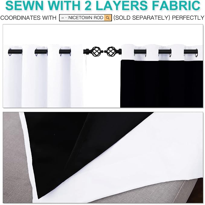 NICETOWN White Blackout Curtains for Window 52" Wide x 45" Long 2 Panels | 100% Room Darkening 2 Thick Layers Completely Blackout Window Treatment Thermal Insulated Lined Drapes for Small Window Decor
