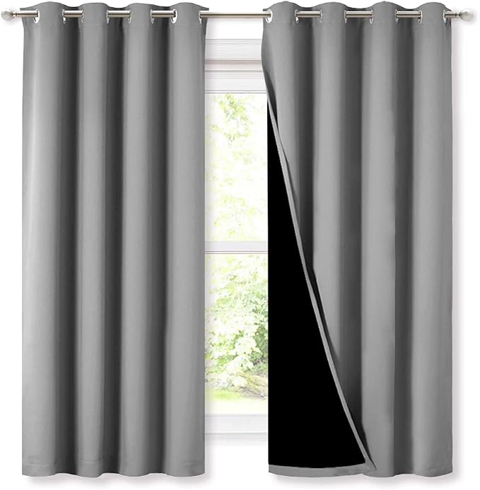 NICETOWN Silver Grey Blackout Curtains for Bedroom 52" w x 63" L 2 Panels | 100% Room Darkening with Black Liners Thermal Insulated 2-Layer Lined Drapes, Energy Efficiency Window Draperies Home Decor
