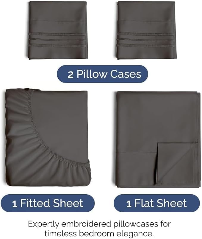 Queen Size 4 Piece Sheet Set - Comfy Breathable & Cooling Sheets - Charcoal | Hotel Luxury Bed Sheets for Women & Men, Deep Pockets, Easy-Fit, Extra Soft and Wrinkle Free Sheets, Oeko-Tex Bed Sheet Set
