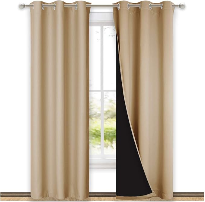 NICETOWN Biscotti Beige Curtains for Living Room 42" w x 84" L 2 Panels | Completely Shaded Draperies Privacy Protection Noise Reducing Black Lined Insulated Window Treatment Panels for Patio Door