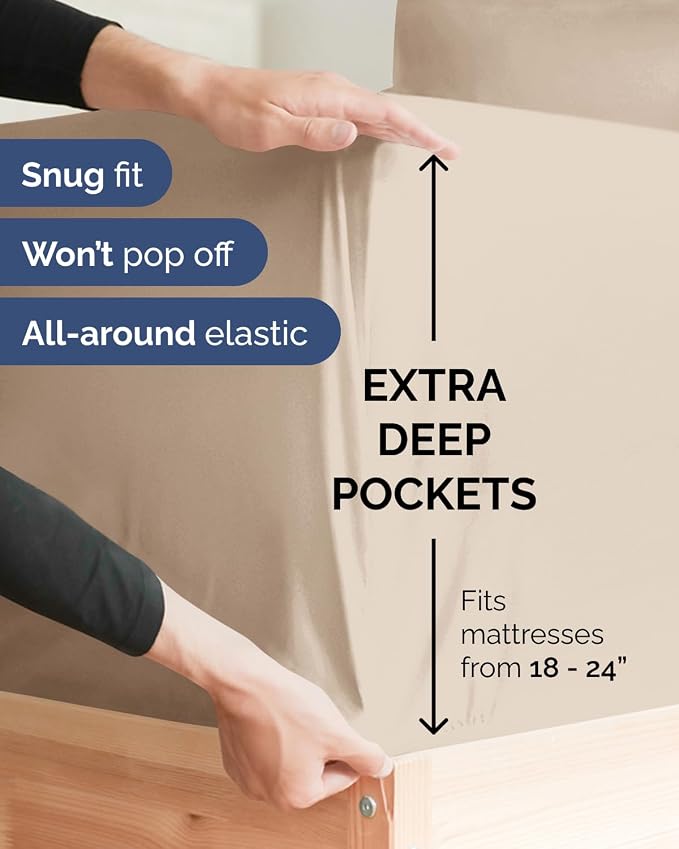 CGK Unlimited Extra Deep Flex Top Split Head King Sheet Set - 6 Piece Breathable and Cooling Sheets - Hotel Luxury Bedding for Women, Men, Kids & Teens - Easy Secure Fit - Extra Deep Pockets - Wheat