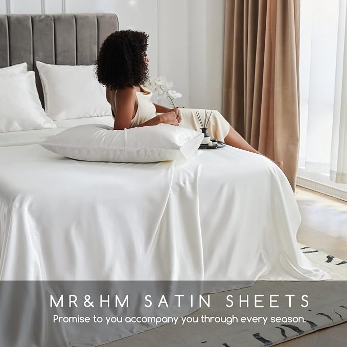 MR&HM Satin Sheets Twin Size with Elastic Corner Straps, Ivory | Similar to Silk, 3-Piece Silky Soft Bed Sheet Set, Gentle on Skin and Hair, 15" Deep Pocket, Cooling & Breathable