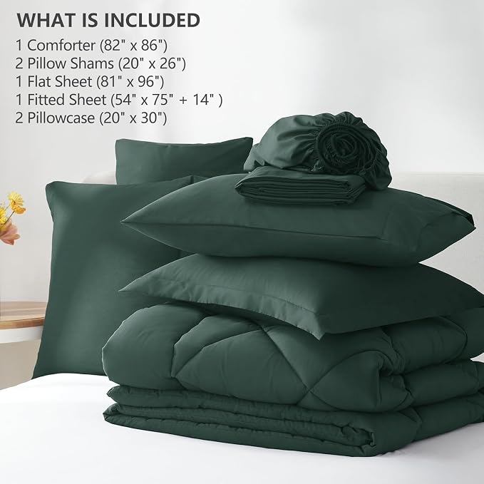 Full Size Comforter Sets Forest Green - 7 Pieces Bed in a Bag | OEKO-TEX Certified, All Season, 240GSM Down-Alternative Comforter, Sheets, Pillowcases & Shams, 14" Deep Pocket, Easy Care