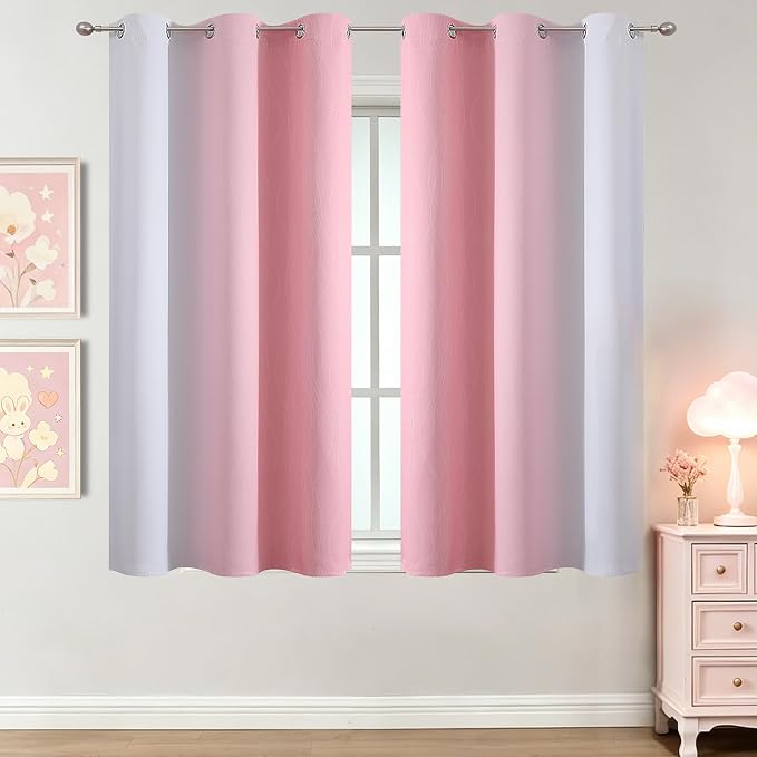 Pink and Greyish White Ombre Blackout Curtains for Bedroom 42x45 Inch Long | Estelar Textiler Kids/Girls Room Darkening Curtains,Thermal Insulated Grommet Short Window Drapes for Nursery,2 Panels