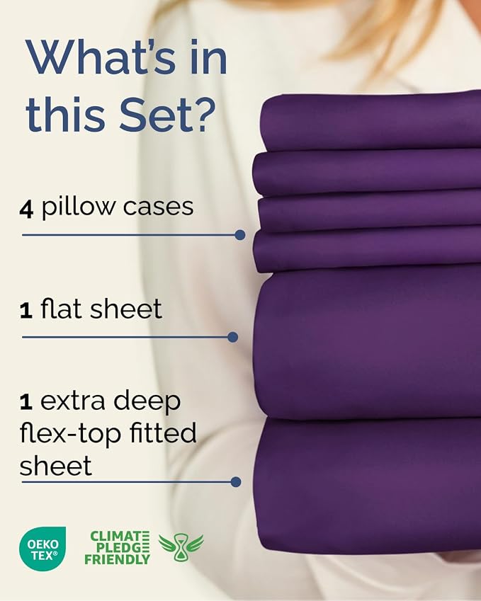 CGK Unlimited Extra Deep Flex Top Split Head King Sheet Set - 6 Piece Breathable and Cooling Sheets - Hotel Luxury Bedding for Women, Men, Kids & Teens - Easy Secure Fit - Extra Deep Pockets - Purple