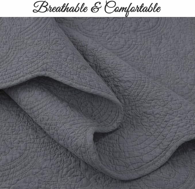 Cozy Line Home Fashions 100% Cotton Quilt Set, Grey, King, 3-Piece | Solid Textured Quilted Bedspread with Shams, Lightweight, All Season, Modern Bedding