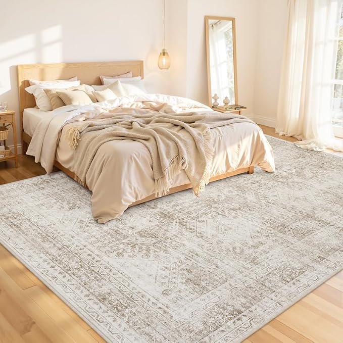 Area Rugs 9x12 Living Room: Bedroom Neutral Washable Carpet Brown | Vintage Boho Soft Small Indoor Decor Floor Non-Slip Low Pile Neutral Farmhouse Entryway Laundry Bathroom Bedroom Beside Rugs