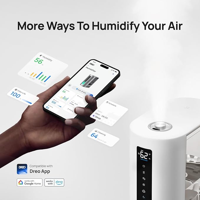 DREO 6L Smart Humidifiers for Bedroom, Warm & Cool Mist for Large Room | 60-Hour Quiet Runtime, 500ML/H Output, Smart Humidity Sensor, Indicator Light, App Control, Works with Alexa & Google, White