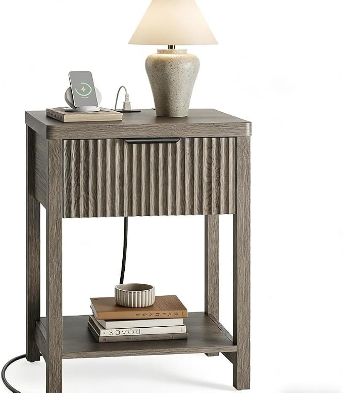 Night Stand Set 1, Fluted Wood Bedside Table w/Socket Station for Bedroom | Dark Grey, Storage Drawer, Open Shelf, Metal Silent Rails, Round Corners, Modern Fluted Panel, Living Room, Bedside Table