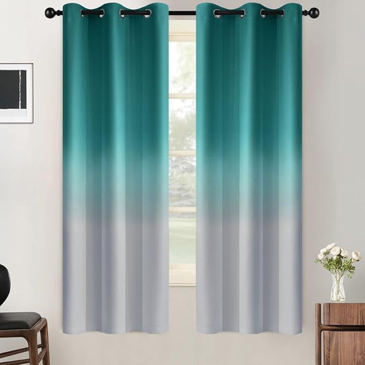 SimpleHome Teal to Grey White Ombre Room Darkening Curtains 63 Inch | Curtains for Living Room,Light Blocking Thick Thermal Insulated Grommet Window Curtains Drapes for Bedroom, 2 Panels,42Wx63L
