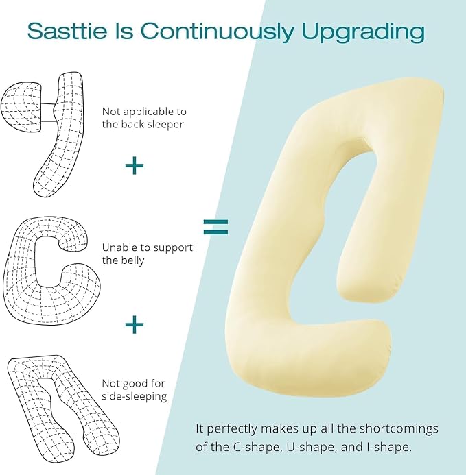Cooling Pregnancy Pillows for Sleeping, 65'' Full Body Pillow, Light Yellow | Sasttie Maternity Pillow, OEKO-TEX, Down Alternative, Removable Cover, Pregnant Women Must Haves, Maternity Essential