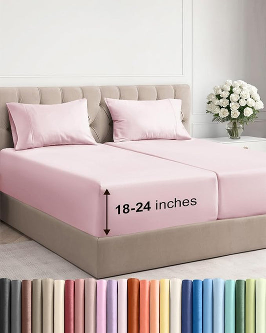 Extra Deep Split King Sheet Set - 5 Piece Cooling Sheets - Lavender Pink | Easily Fits 18 to 24 inch Mattress - Ultra Soft, Wrinkle & Fade Free with Extra Deep Pockets - Comfy Hotel Luxury Bedding