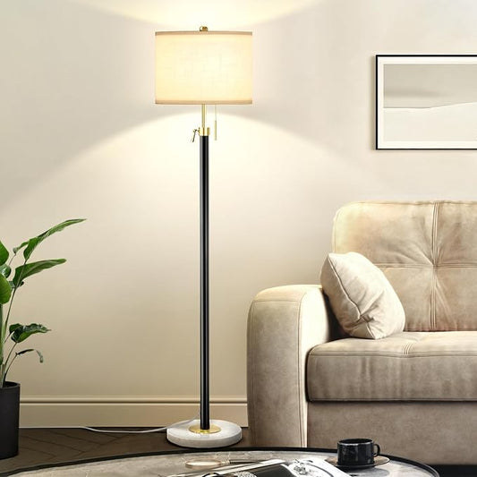 Qingmiao Floor Lamp for Living Room Adjustable Tall Standing Lamp, 3-Way Dimmable Floor Lamp for Bedroom Office, Black Gold Lamp with Marble Base and White Linen Shade