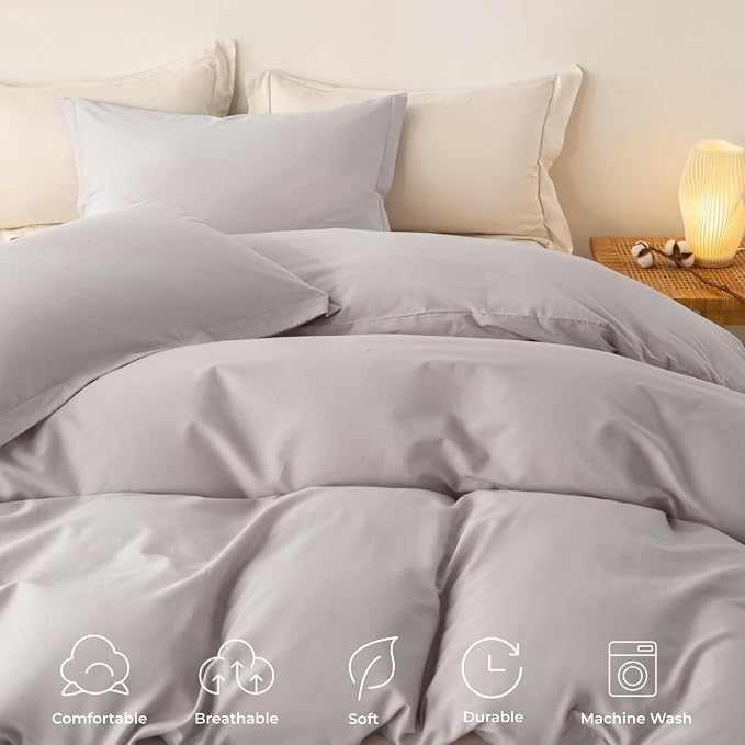 OAITE Duvet Cover Set 100% Washed Cotton Solid 3pcs | Soft,Durable,Long-staple Cotton,Hidden Zipper with 8 Interior Corner Ties,2 Pillowcases