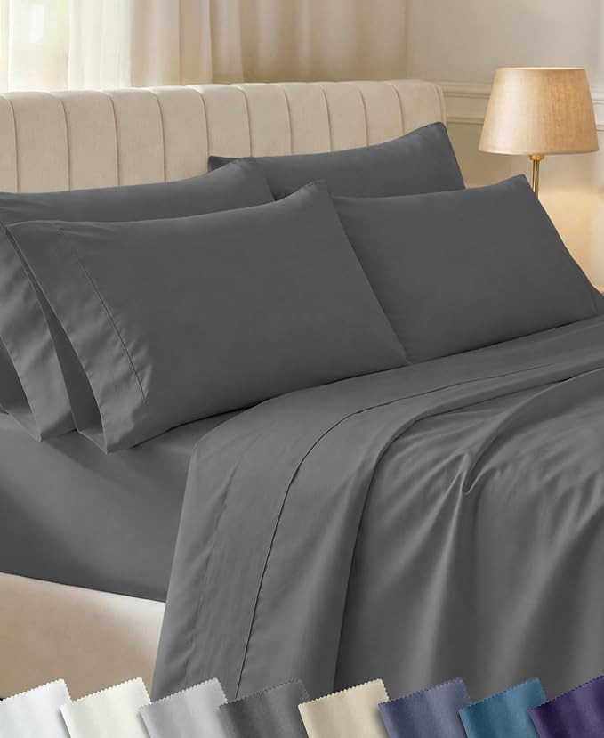 California Design Den Soft 100% Cotton Sateen King Sheets, 6 Pcs Set, Grey | 6 Pcs with 4 Pillowcases, 400 Thread Count Backed by Good Housekeeping Seal, 16" Deep Pocket, All-Around Elastic, Durable