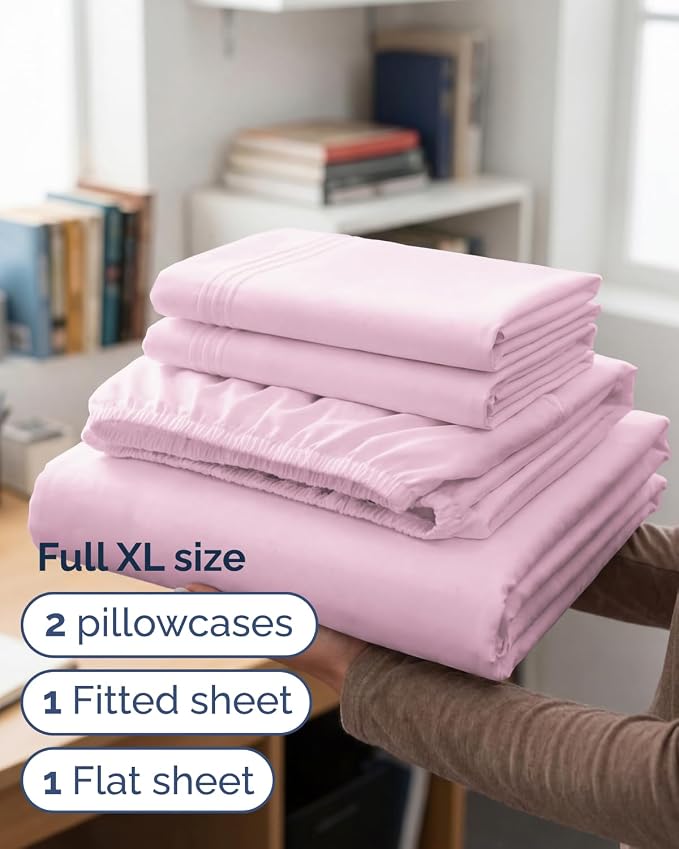 Full XL Sheets - 4 Piece Full XL Sheet Set - Cool & Breathable - Light Pink | Hotel Luxury Bedding for Women & Men with Deep Pockets, Ultra-Soft, Comfy, Easy-Fit, Wrinkle Free & Fade Resistant, Oeko-Tex