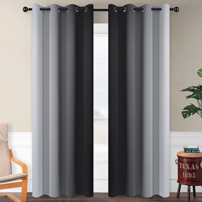 SimpleHome Ombre Black to Grey White Curtains for Living Room 52Wx96L | Room Darkening Curtains for Bedroom,Gradient Light Blocking Curtain,Thermal Insulated Grommet Window Drapes,2 Panels,96 Inch