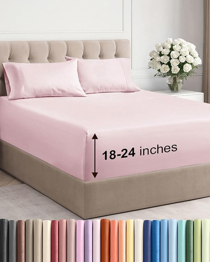 Extra Deep Queen Sheet Set - 4 Piece Breathable & Cooling - Lavender Pink | Easily Fits 18 to 24 inch Mattress - Ultra Soft, Wrinkle & Fade Free with Extra Deep Pockets - Comfy Hotel Luxury Bedding