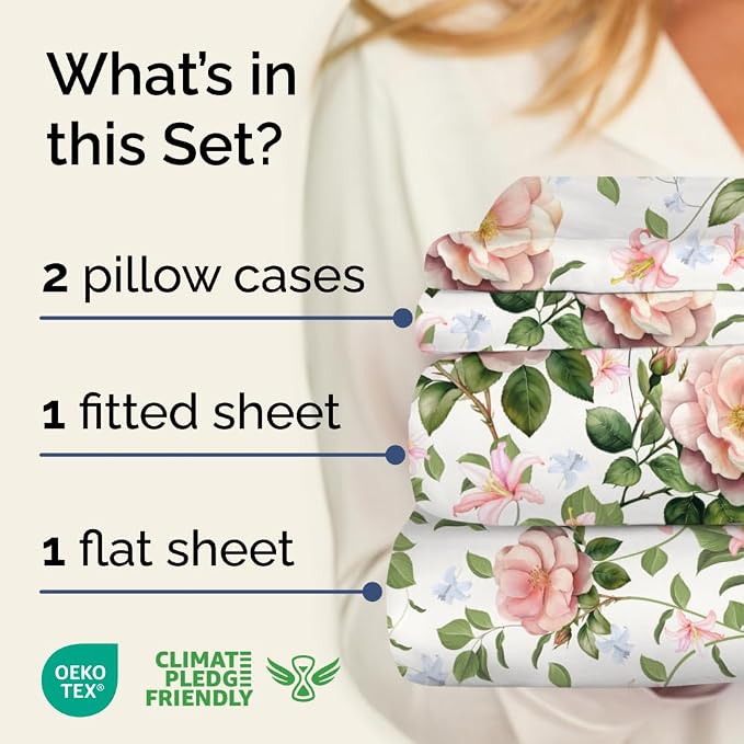 Full 4 Piece Floral Sheet Set - Soft, Breathable & Cooling - Secret Garden | 1 Flat, 1 Fitted & 2 Pillowcases w/ Deep Pockets, Boho Botanical Floral Bedding, Breathable & Cooling, Wrinkle & Fade Free
