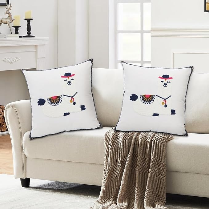 Pack of 2 Embroidered Decorative Throw Pillow Cover 18x18 Inch Farmhouse Floral Pillowcase for Living Room Sofa Bed (Cute Llama)