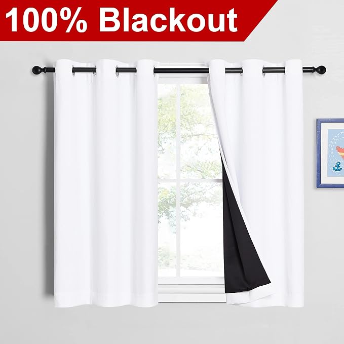 NICETOWN White Blackout Curtains for Kitchen 42" Wide x 45" Long 2 Panels | 100% Light Blocking 2 Thick Layers Room Darkening Thermal Insulated Lined Drapes for Bedroom Small Window Treatment Decor