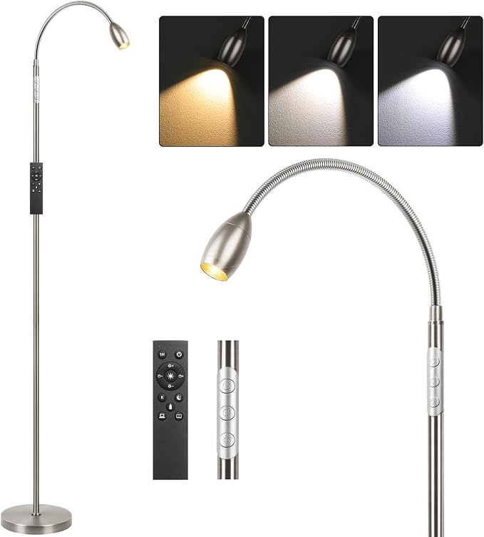 Reading Floor Lamp, 72" LED Dimmable Lamp with Gooseneck,Zoomable Spotlight | Adjustable Color Beam Standing Lamp, Touch & Remote Control, Task Craft, Sewing, Bedroom Living Room, Office, Brushed Nicke
