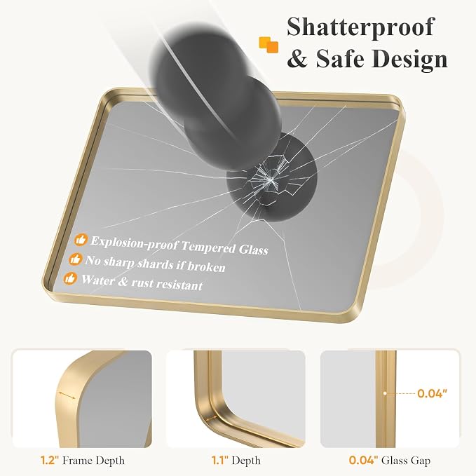 Sweetcrispy Bathroom Wall Mirror, 48x30 Inch Wall Mount Mirror for Over Sink, Modern Rounded Rectangle Vanity Mirrors with Matte Metal Framed, for Home Decor, Living Room, Bedroom, Gold