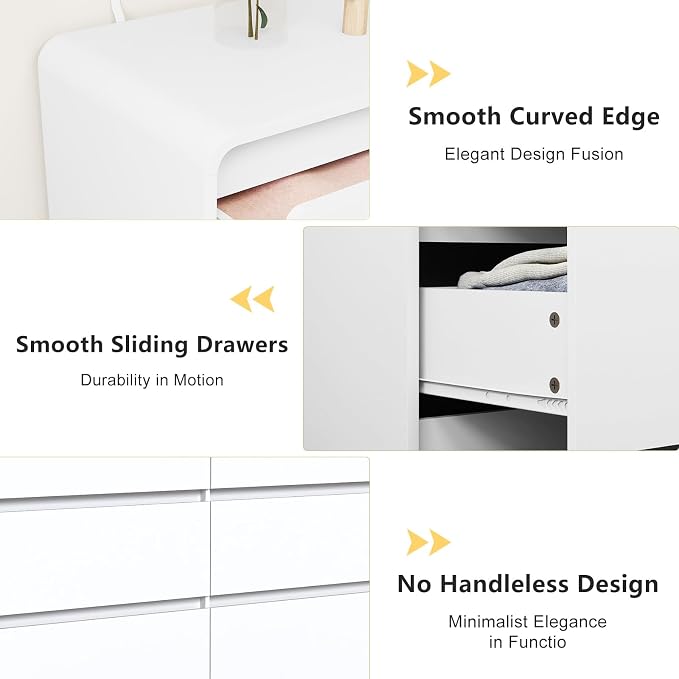 Vibe & Dine White 6 Drawer Dresser for Bedroom, Modern Wooden Dressers & Chests of Drawers with Arc Edge Design, 47" Wide Dresser for Closet, Living Room, Entryway