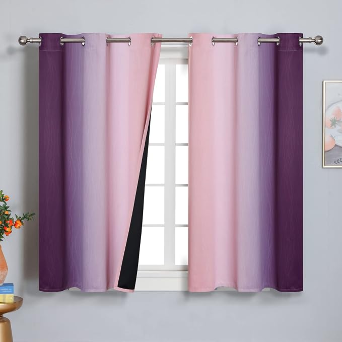 Pink and Purple Ombre Blackout Curtains for Girls Bedroom 45 Inches Long | Estelar Textiler Kids Living Room Curtains,Light Blocking,Thermal Insulated Noise Reducing Grommet Drapes,42Wx45L,2 Panels
