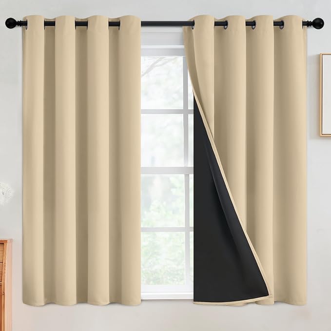 SimpleHome Beige 100% Blackout Curtains Room Darkening Living Room 54 Inch | Curtains for Bedroom,Thermal Insulated Grommet Window Drapes,Curtains for Living Room with Black Back,52 x 54 Inch,2 Panels