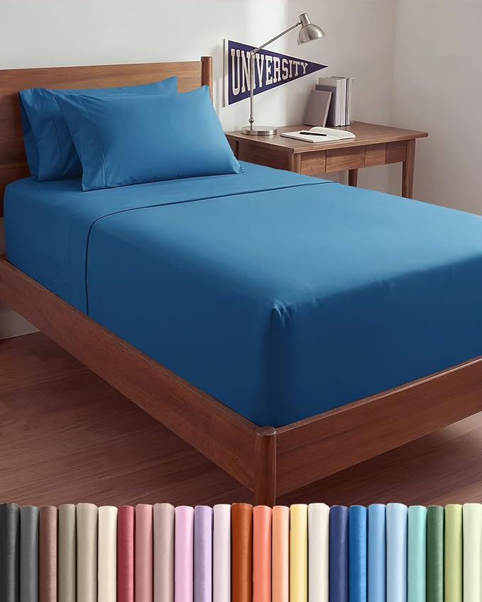 Extra Deep Twin XL Sheet Set - 4 Piece College Dorm Room - Denim Blue | College Dorm Room Essentials, Easy & Secure Fit, Ultra-Soft, Wrinkle & Fade Free, Comfy Sheets Set with Extra Deep Pockets