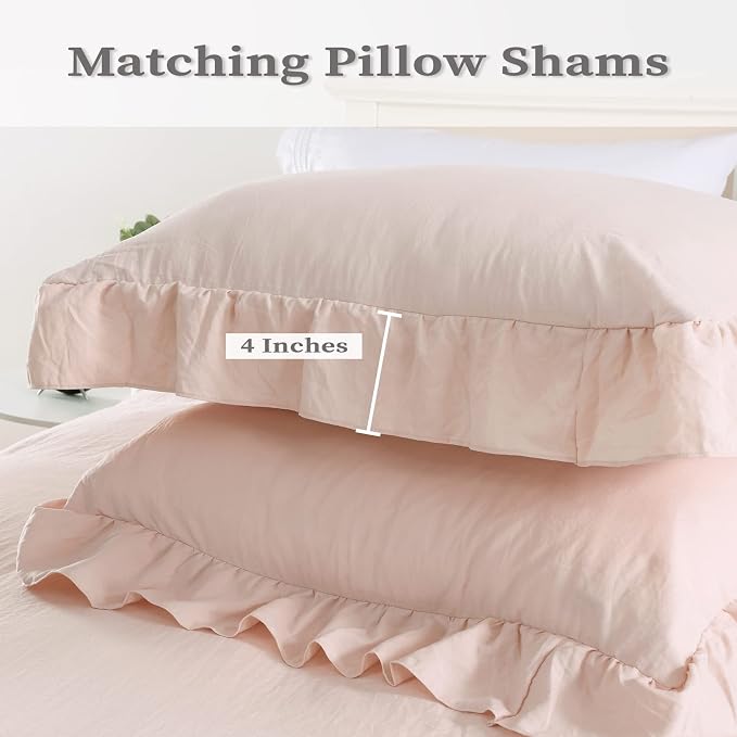 CAROMIO Ruffle Duvet Cover King Size, 3PCS Soft Washed Microfiber Vintage French Country Duvet Cover Set with Button Closure, Pink, 104x90 in