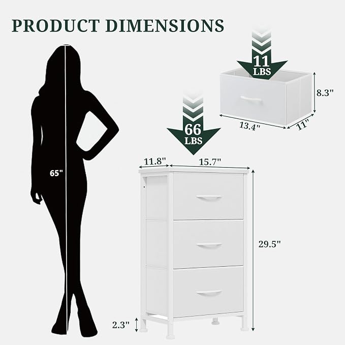 3 Drawers Dresser for Bedroom Fabric Storage Tower with Wooden Top | Steel Frame Chest of Drawers for Closet Entryway Dorm and Small Spaces, White