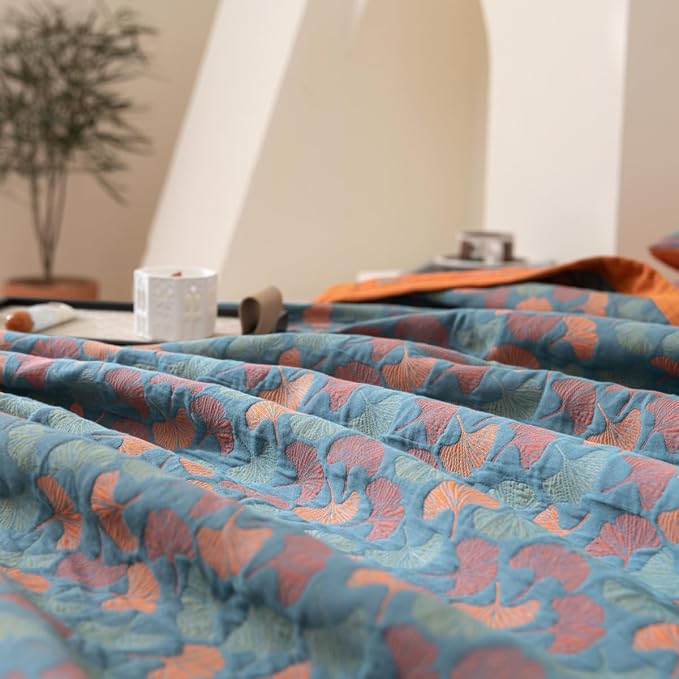 100% Cotton Muslin Blanket Jacquard Floral Ginkgo Leaves Print Quilt, Soft Bed Cover 3 Layers Reversible Bedspread Coverlet Breathable Lightweight Bedding King(98"x94"), No Pillow Sham