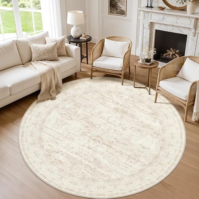Round Area Rug Living Room: 8ft Washable Carpet Retro Beige | Vintage Boho Circle Soft Large Circular Carpet Bedroom Nursery Neutral Dining Room Indoor Decor Floor Non-Slip Under Table