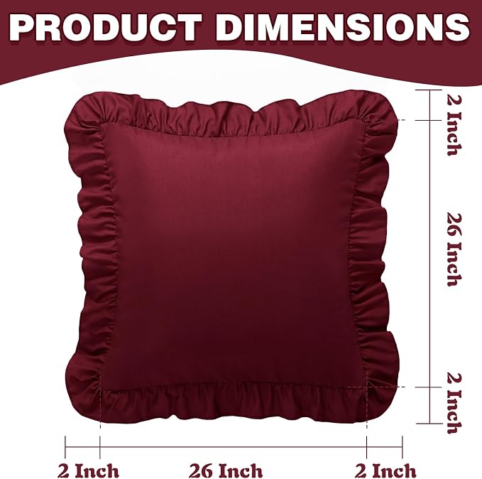 KKJIAF 2 Pack Ruffle Pillow Cases 26x26 Inches, Burgundy | Square Ruffled Pillow Covers, Microfiber Wrinkle Resistant Pillow Shams with Envelope Closure for Sofa Bed Living Room