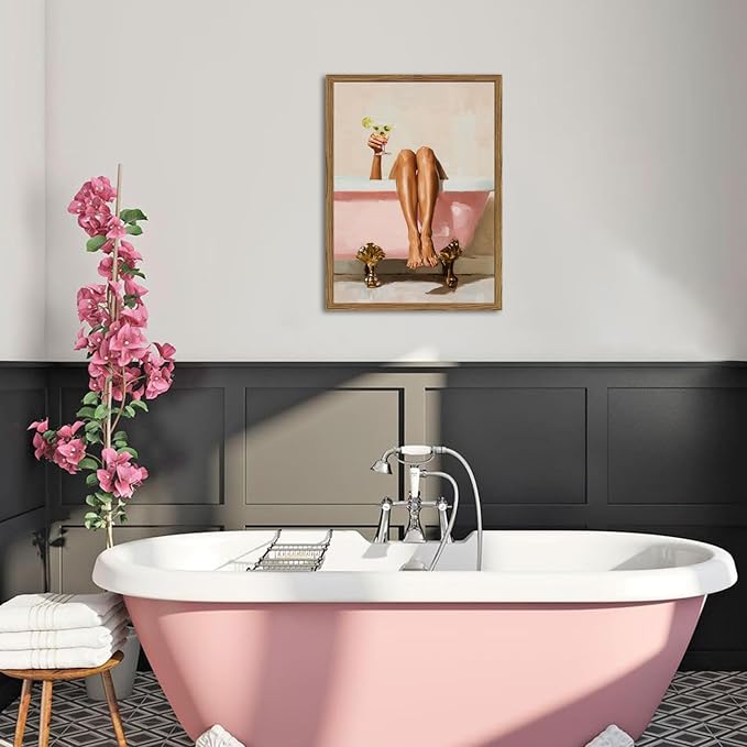 Funny Girl Bathroom Wall Art Pink Cute Girly Bathtub Wall Decor Picture, Trendy Girl Bathroom Martini Cocktail Poster Canvas Print Painting Minimalist Cute Woman Artwork 16x24 inch Wood Framed