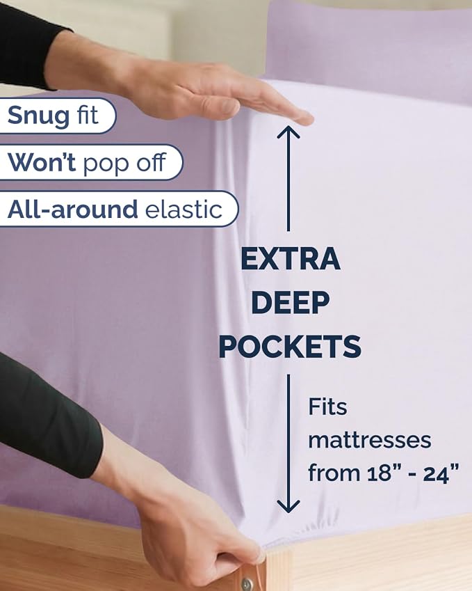 Extra Deep Twin XL Sheet Set - 3 Piece College Dorm Room - Light Lavender | Soft, Breathable & Cooling, Easily Fits 18 to 24 inch Mattress, Wrinkle Free & Fade Resistant with Extra Deep Pockets