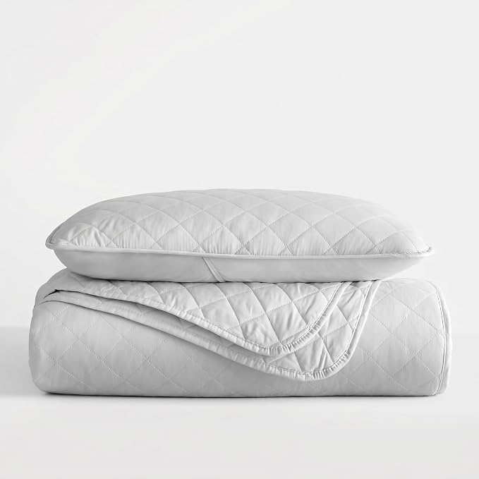 Merit Linens Modern Quilt Coverlet Soft Set in Diamond Stitching - Twin/TwinXL Light Gray